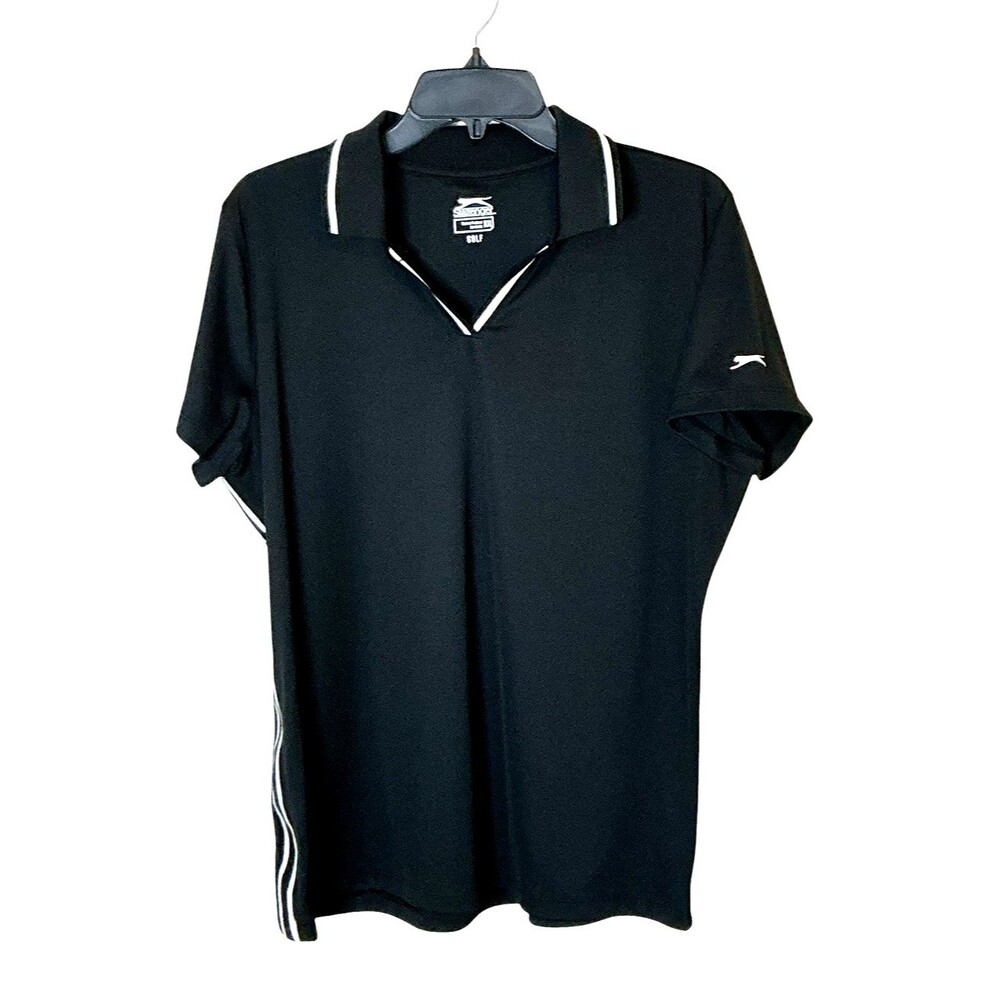 Womens Slazenger Golf Polo Shirt Size XL Black White Trim V Neck Short Sleeve
